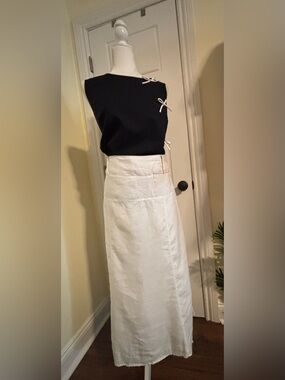 NWT For Cynthia White 100% Linen Maxi Skirt with Woven Belt (SKIRT ONLY)